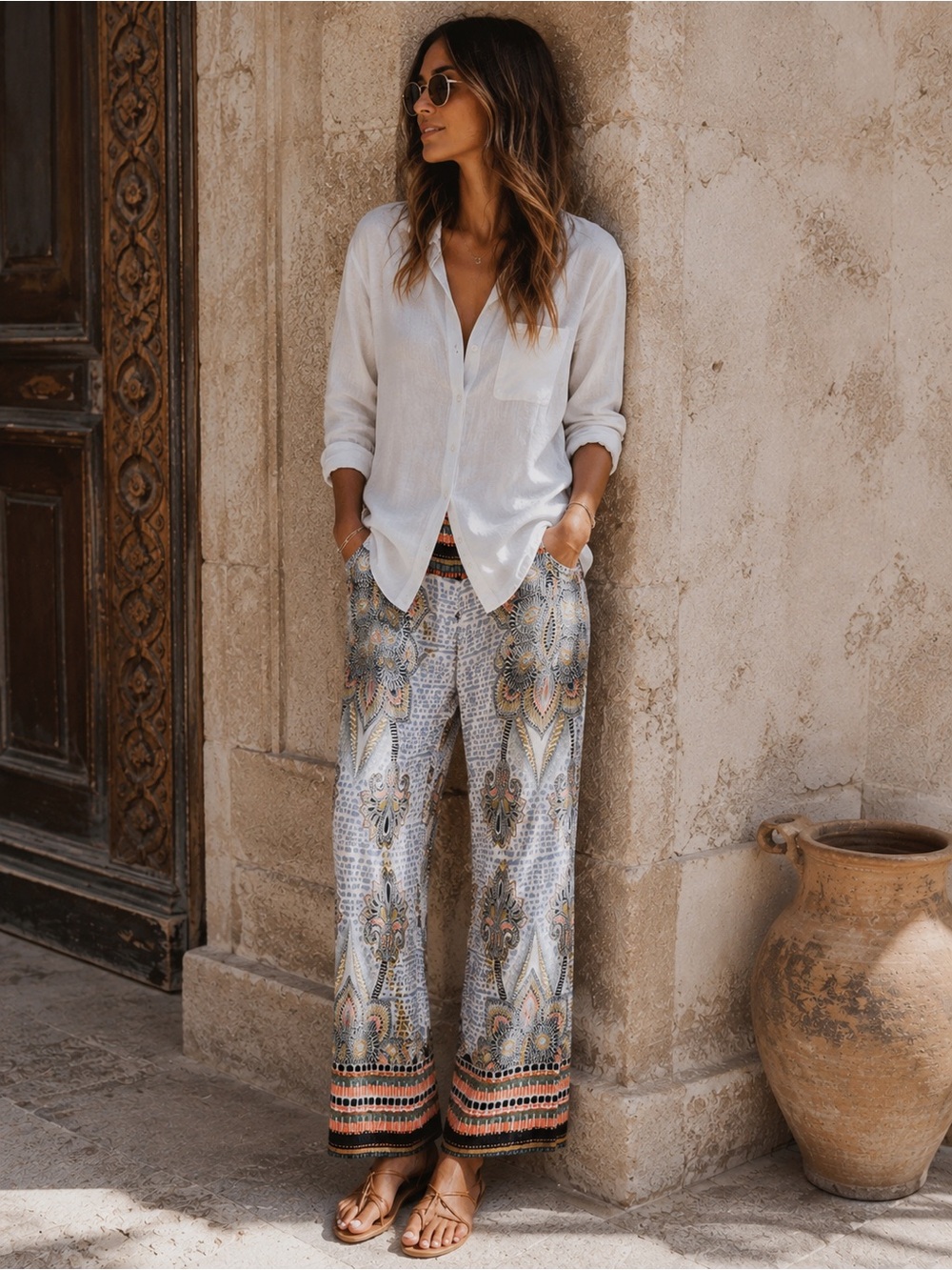 Lulumari Boho Linen Wide Leg Pants PA51260 Blue Multi S